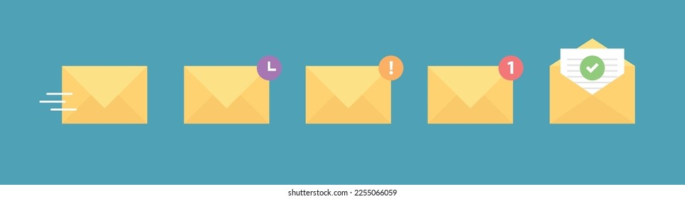 yellow mail status envelope with blue background. shows the status of being sent, pending, failed, incoming messages, and read messages. status envelope icon vector