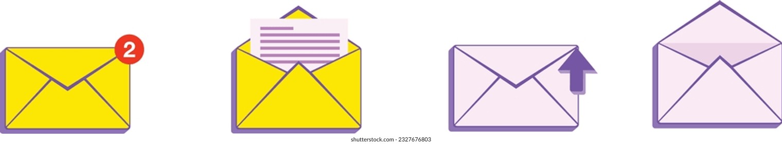 Yellow mail and white letter envelope icon with marker new message isolated on white background.  email notification with number, open letter, arrow 