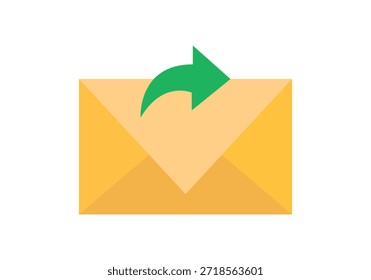 Sobre de correo amarillo con flecha verde para enviar o reenviar sobre un fondo blanco