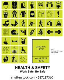 Yellow make your own construction manufacturing and engineering health and safety related signs isolated on white background with sample template