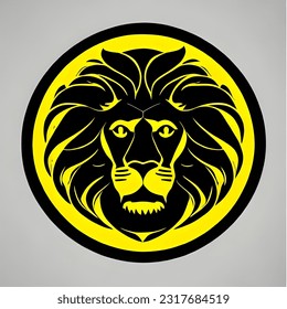 yellow male lion logo, black circle, long hair, strong lion brave leader