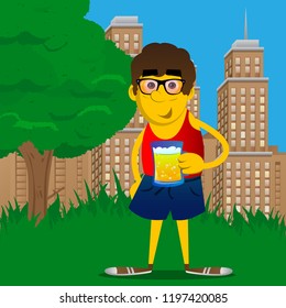 Yellow man drinking beer. Vector cartoon illustration.