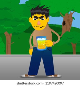 Yellow man drinking beer. Vector cartoon illustration.