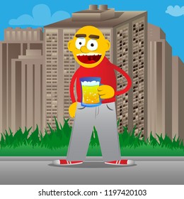 Yellow man drinking beer. Vector cartoon illustration.