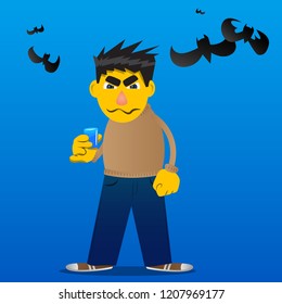 Yellow man drinking brandy. Vector cartoon illustration.