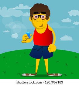 Yellow man drinking brandy. Vector cartoon illustration.