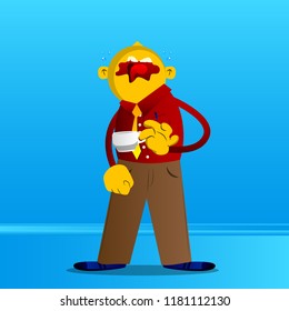 Yellow man drinking coffee. Vector cartoon illustration.