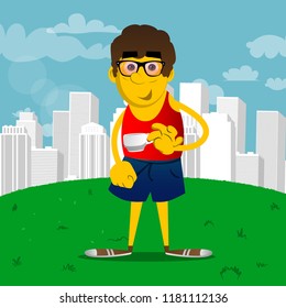 Yellow man drinking coffee. Vector cartoon illustration.