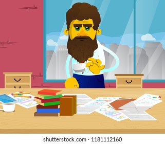 Yellow man drinking coffee. Vector cartoon illustration.