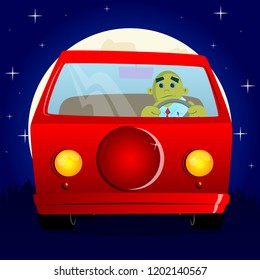 Yellow man driving, holding a steering wheel. Vector cartoon illustration.
