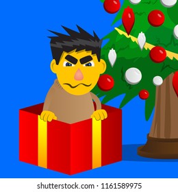 Yellow man in a gift box. Vector cartoon illustration.