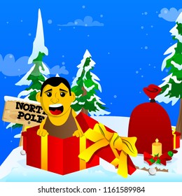 Yellow man in a gift box. Vector cartoon illustration.