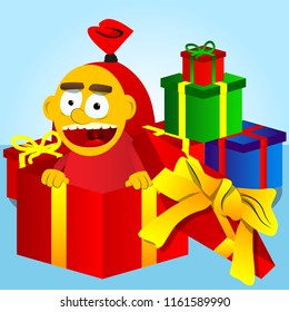 Yellow man in a gift box. Vector cartoon illustration.
