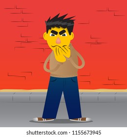 Yellow man with hands over mouth. Vector cartoon illustration.