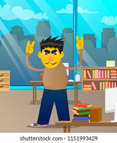 Yellow man with hands in rocker pose. Vector cartoon illustration.