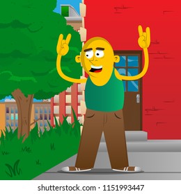 Yellow man with hands in rocker pose. Vector cartoon illustration.