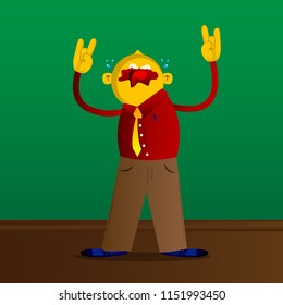 Yellow man with hands in rocker pose. Vector cartoon illustration.