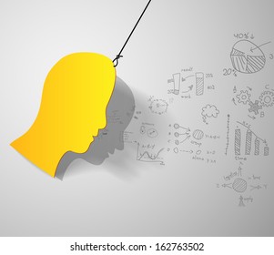 Yellow man head silhouette with business signs