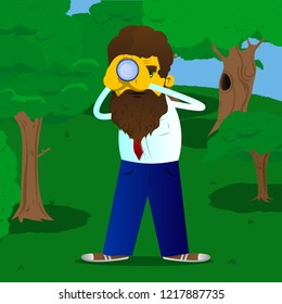 Yellow man holding binoculars in his hands. Vector cartoon illustration.
