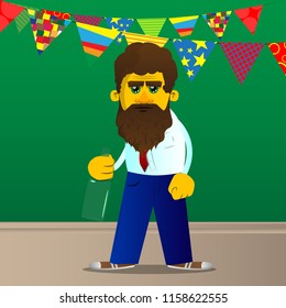 Yellow man holding a bottle. Vector cartoon illustration.