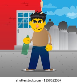 Yellow man holding a bottle. Vector cartoon illustration.