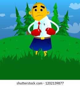 Yellow man holding his fists in front of him ready to fight wearing boxing gloves. Vector cartoon illustration.