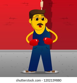 Yellow man holding his fists in front of him ready to fight wearing boxing gloves. Vector cartoon illustration.