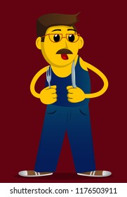 Yellow man holding up a knife and fork. Vector cartoon illustration.