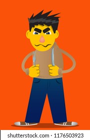 Yellow man holding up a knife and fork. Vector cartoon illustration.