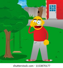 Yellow man holding a magnifying glass. Vector cartoon illustration.