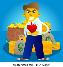 Yellow man holding red heart in his hand. Vector cartoon illustration.