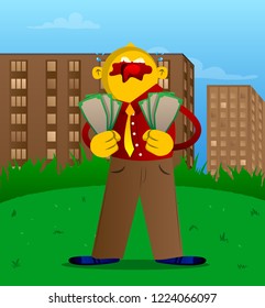 Yellow man holding or showing money bills. Vector cartoon illustration.