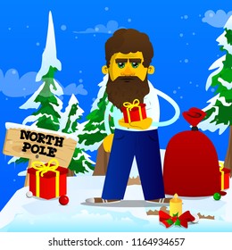 Yellow man holding small gift box. Vector cartoon illustration.