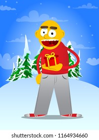 Yellow man holding small gift box. Vector cartoon illustration.