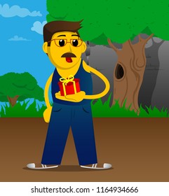 Yellow man holding small gift box. Vector cartoon illustration.