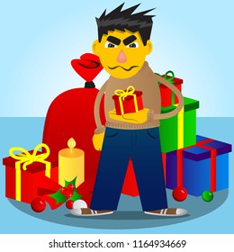 Yellow man holding small gift box. Vector cartoon illustration.