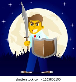 Yellow man holding a sword and shield. Vector cartoon illustration.