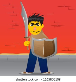 Yellow man holding a sword and shield. Vector cartoon illustration.