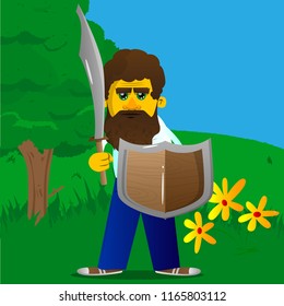 Yellow man holding a sword and shield. Vector cartoon illustration.