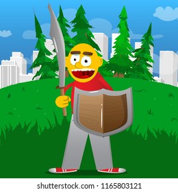 Yellow man holding a sword and shield. Vector cartoon illustration.