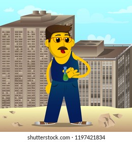 Yellow man holding a test tube. Vector cartoon illustration.