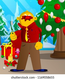 Yellow man holding toothbrush. Vector cartoon illustration.