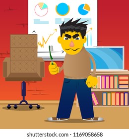 Yellow man holding toothbrush. Vector cartoon illustration.