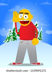 Yellow man holds hand at his ear, listening. Vector cartoon illustration.