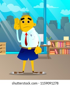Yellow man holds hand at his ear, listening. Vector cartoon illustration.