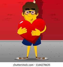 Yellow man hugging big red heart. Vector cartoon illustration.