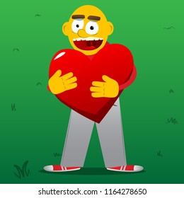 Yellow man hugging big red heart. Vector cartoon illustration.