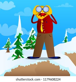 Yellow man looking through binoculars. Vector cartoon illustration.