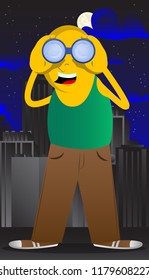 Yellow man looking through binoculars. Vector cartoon illustration.