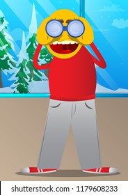 Yellow man looking through binoculars. Vector cartoon illustration.